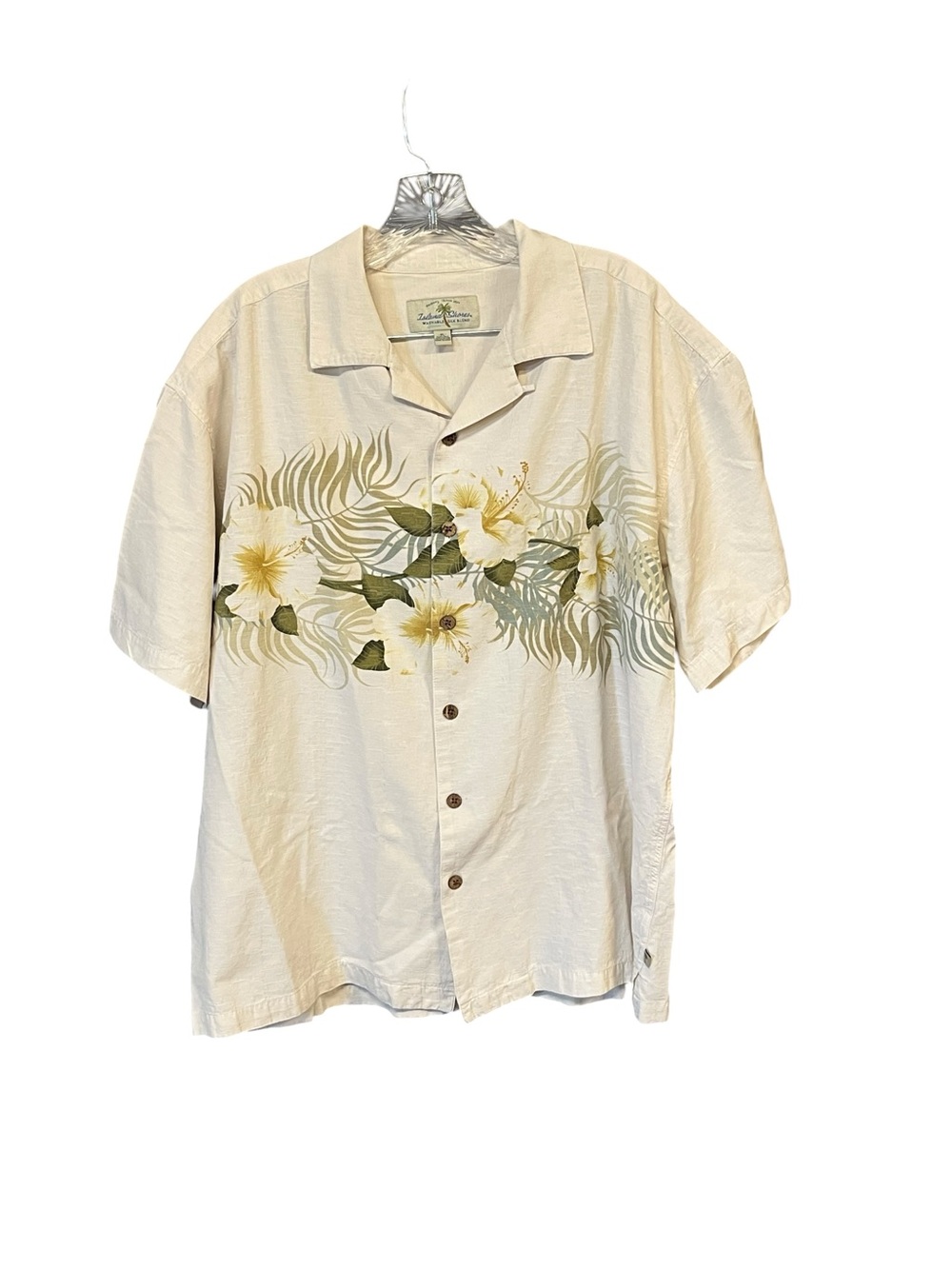 Island Shores Hawaiian Camp Shirt Men’s XL Ivory Floral Silk Blend Tropical